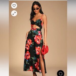 Tropical Blooms Black Floral Print Tie-Back Cutout Maxi Dress